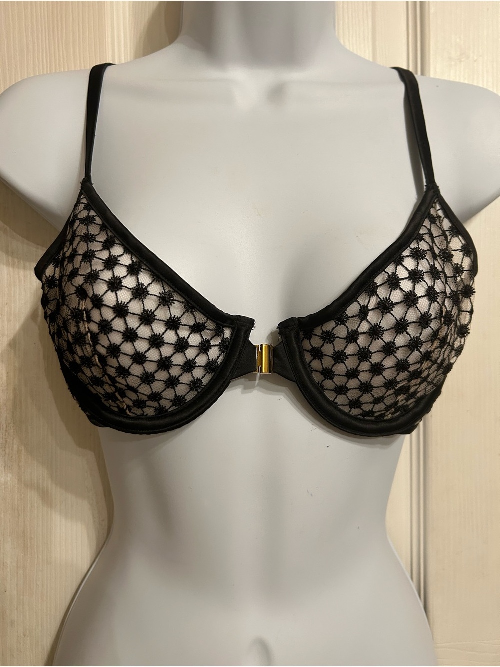 Victoria's Secret Black Sheer Lace Underwire Bra with Gold Front Closure